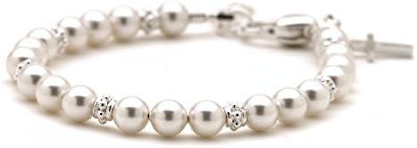 Christening Keepsake Cultured Freshwater Pearl Baby Bracelet - Sterling Silver Cross Charm (4.5 Inches)