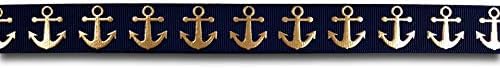 1 Yard (0.91 metre) Navy Blue with Gold Foil Anchor Grosgrain Ribbon 22mm / 7/8" Wide, Ideal for Craft Projects, Scrapbooking, DIY Hair Bows, Present Wrapping etc.
