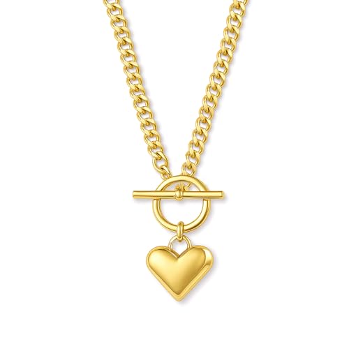 Zeffy Gold Chunky Puffy Heart Pendant Necklace Chain Link Necklace Toggle Clasp Heart Charm for Women Birthday at Amazon