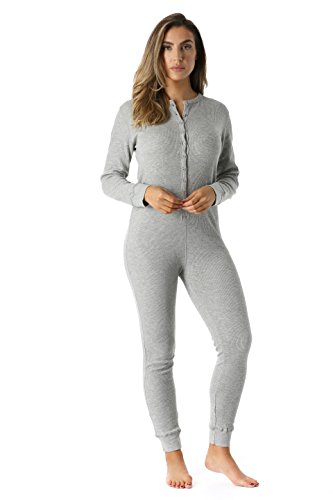 6363-GRY-XXL #FollowMe Women's Solid Thermal Henley Onesie, Grey, XX-Large