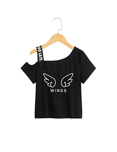 Wings. Printed Black Crop top for Kids|One Side Off Shoulder Half Sleeve Crop top for Girls| Cotton Crop top|Short Sleeve Crop top for