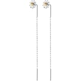 SLUYNZ 925 Sterling Silver Daisy Flower Earrings Dangle Chain for Women Teen Girls Flower Long Dangle Threader Earrings Tassel