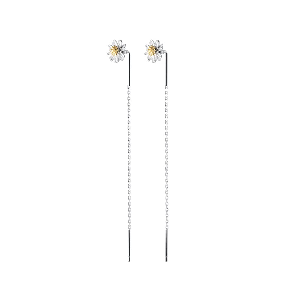 SLUYNZ 925 Sterling Silver Daisy Flower Earrings Dangle Chain for Women Flower Long Dangle Threader Earrings Tassel
