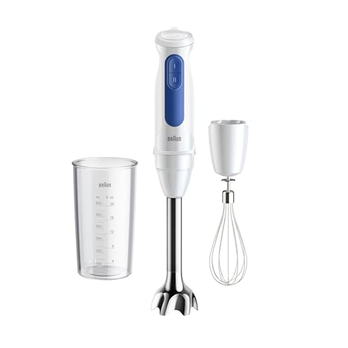 Braun MultiQuick3 MQ30.051M Minipimer, Frullatore ad Immersione Tecnologia PowerBell VPlus, Tecnologia Tedesca, 2 Velocità, Tecnologia Anti Schizzi, Bicchiere 600ml, Frusta a Filo, 900W, Bianco/Blu
