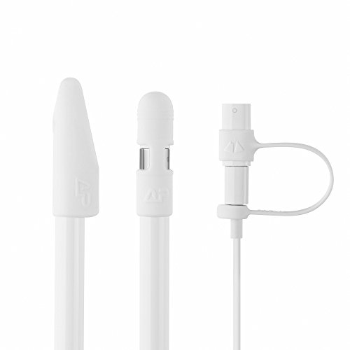 Lightning Power- 3-pc Set Premium Silicone Pencil Cap Holder + Lightning Adapter Tether + Tip Cover for Apple Pencil (White)