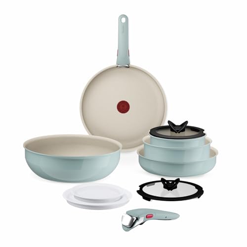 Tefal Ingenio Serenity Kochgeschirr-Set 11-teilig – stapelbar und platzsparendes Set aus Aluminium, Mineralia Antihaftversiegelung, abnehmbarer Griff, für alle Herdarten inkl. Induktion, Eucalyptus