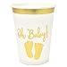 Gift Boutique 50 Baby Shower Cups 9 oz Paper Disposable Cup Tableware for Boys or Girls Neutral Gender Reveal Party Supplies Decorations Gold Foil and White Oh Baby with Baby Footprints