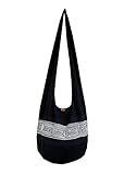 BTP! Thai Cotton Embroidered Sling Crossbody Shoulder Bag Purse Hippie Hobo Gypsy Bohemian Large (Black ND2)