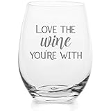 Love The Wine You're With – Cute Funny Stemless Wine Glass, Large 16 Ounce Size, Etched Sayings, Gift Box
