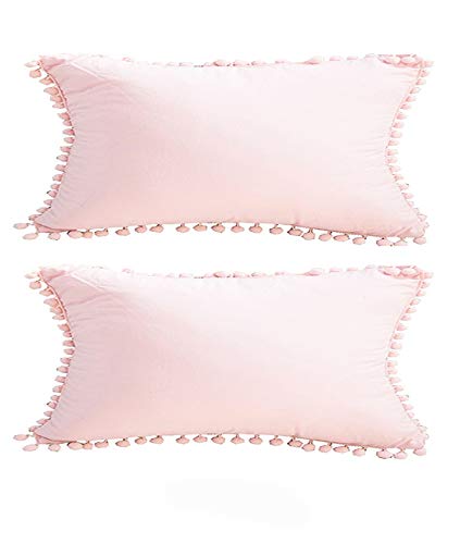 Meaning4 Pom poms Cotton Pillow Covers Pillow Covers Pillowcase Pillowslip Protector Queen/Standard Size 18.9x29.1 in Set of 2 Pink - Thumbnail 7