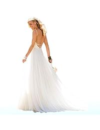 ShiningBridal Lujoso encaje y suave gasa de seda una línea de boda Vestido V cuello sin espalda Boho inspirado vestidos de boda de playa