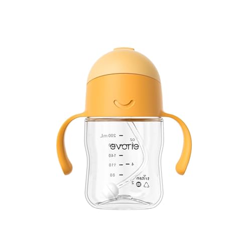 Evorie Tritan Weighted Straw Sippy Cup with Handles for Baby and Toddlers, Spill Proof Baby Water Bottle with Straw for 6 months and up, 7 Oz, Infant Training Water Bottle (Apricot)
