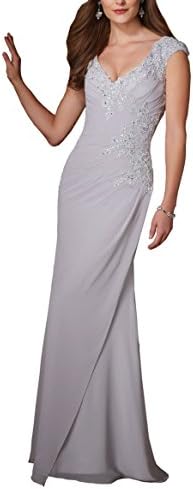 Meledy Women's V-Neck Lace Evening Dress Sequins Ruched Zipper Full Back Mother of The Wedding Dress Long 2017 Silver US12