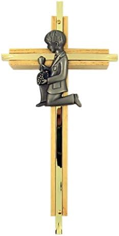 SINGERstar case First Communion Oak Wood and Brass Wall Cross with Fine Pewter Boy Casting, 7 Inch