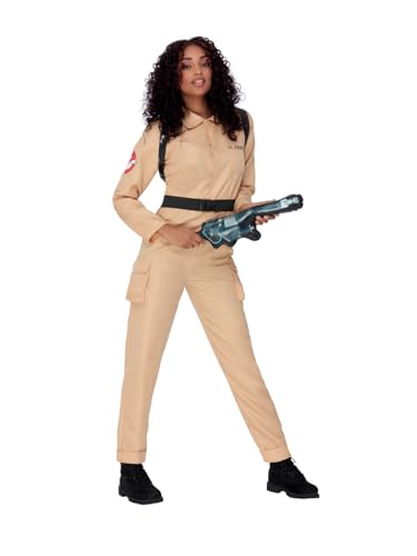 Smiffys Ghostbusters Ladies Costume for Adults, Jumpsuit and Inflatable Backpack, Beige, Officially Licensed with Logo Detail, Perfect for Halloween, 80s Theme Parties, and Family Fancy Dress