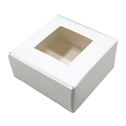 FERENLI 20Pcs Kraft Paper Window Boxes Clear Plastic Gift Wrapping Box Wedding Party Favor Recycled Cardboard Jewelry Making Display Packaging Supplies (7.5x7.5x3cm (3x3x1.2 inch), White)