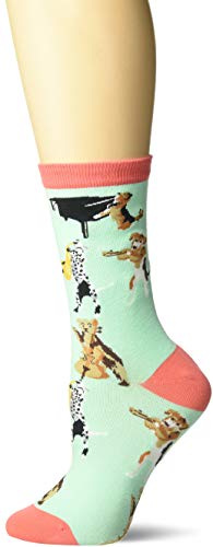 K. Bell Women's Playful Novelty Fashion Crew Socks, Teal (Musical Dogs), Shoe Size: 4-10