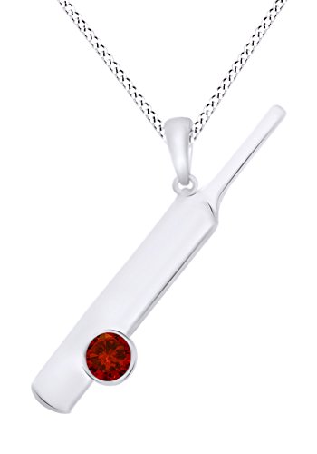 Bat Ball Cricket Love Simulated Garnet Stone 14K White Gold Over Stamp Sterling Silver Pendant Necklace