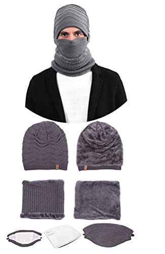 Winter Hat Outdoor Wind Proof 3pcs Unisex Knit Hat Skull Cap Knit Slouchy Beanie Wool Hat Ski Hat with Neck Warmer Scarf, Cloth Mask and Pocket Filter (Cap Grey)