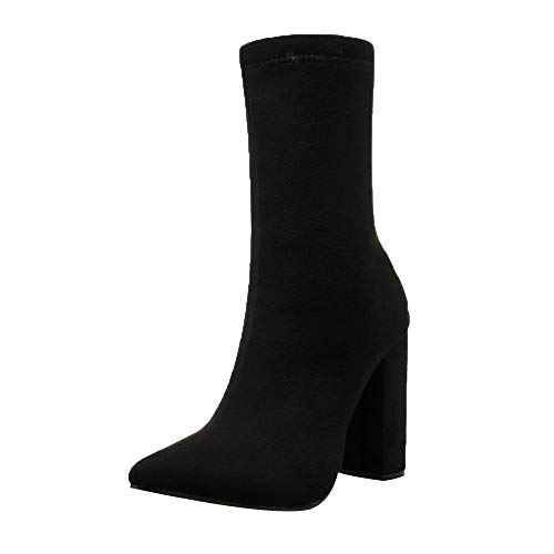 Women High Heels Nightclub Shoes, NDGDA Pointed Toe Yarn Elastic Thick Heel Boots (Black, US:7)