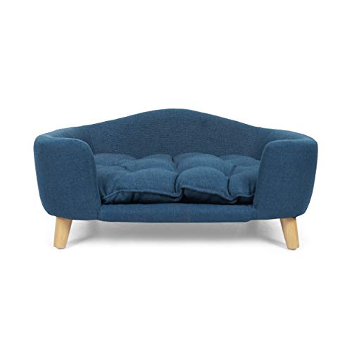 Samuel Mid Century Small Plush Pet Bed, Navy Blue and Natural Finish