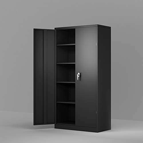 Lockable 2-Door Steel Storage Cabinet with 4 Adjustable Shelves, Black