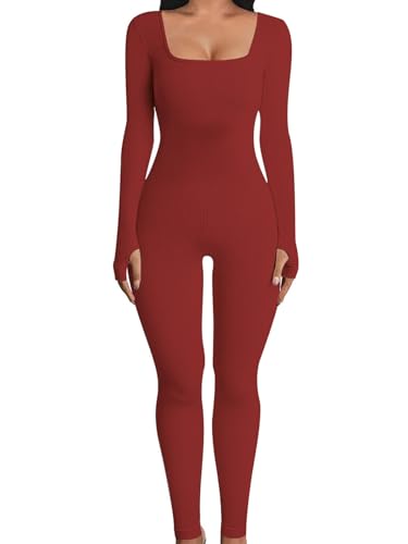 OYIGELZ Combinaison de yoga pour femme en maille côtelée à manches longues avec col en V sportif Combinaison d'entraînement en une pièce Confortable et extensible, M