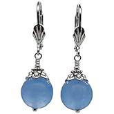 Blue Jade Earrings for Women Round Dangles Silver Plated Leverbacks Handmade Jewelry in Gift Box