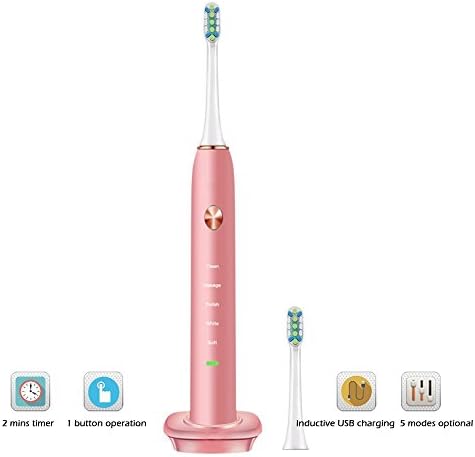 Hermano Electric Toothbrush, Plaque Control Electronic Power Rechargeable Sonic Toothbrush with 2 Dupont Replacement Heads, Waterproof, 5 Optional Modes for Adults, Pink