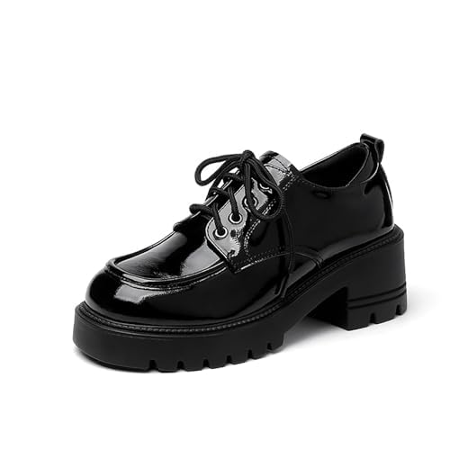 Photo 1 of Women's Patent Leather Chunky Platform Oxford Fashion Round Toe Chunky Heightening Lug Sole Lace-Up Loafers Comfort Non Slip Business Office Dress Shoes (9,Black)