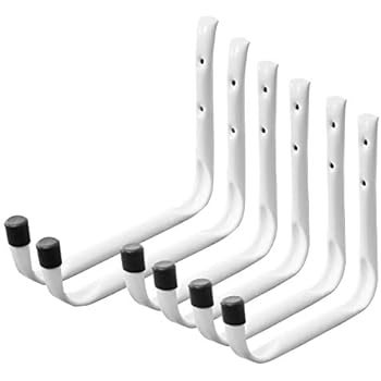 Wall Utility Garage Storage Hook - 6 Pack Metal Steel White Large Heavy Duty Mount Hanger Two Sizes with Mounting Screw Hardware Kit for Hanging Bike, Ladder, Tools, and Hose for Organization