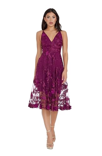 Dress the Population Women's Audrey Spaghetti Strap Midi A-line 3D Floral Dress Special Occasion, Dark Magenta, XL