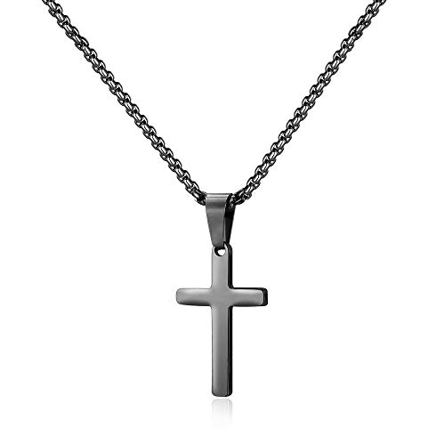 M MOOHAM Small Cross Necklace For Girls Boy Women Men Cross Necklace Black Steel Plain Cross