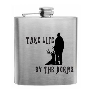 Sumaria Trader Stainless Steel 6 Oz Flask with Take Life By The Horns Hunter Hunting