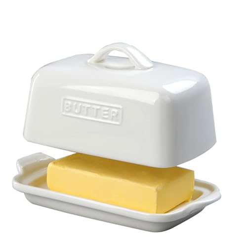 JSHKY Large Butter Dish with Lid Fits 500g or 250g Butter Block, White | Porcelain Butter Container for Countertop, Butter Storage, Gift for Mother’s Day, Thanksgiving or Christmas