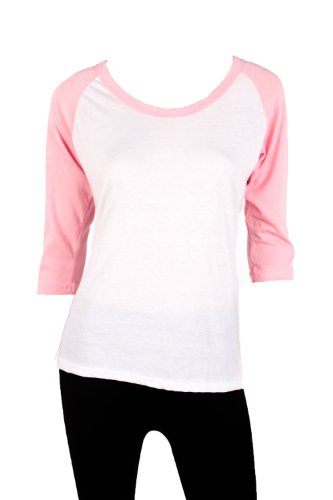 Mopas Women's Cotton Blend Raglan Baseball Shirt (White & Pink, Large)