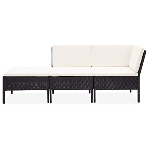vidaXL Gartenmöbel 3-TLG. mit Auflagen Lounge Sofa Sitzgruppe Garten Garnitur Gartensofa Gartenset Mittelsofa Fußhocker Ecksofa Poly Rattan Schwarz – Bild 3