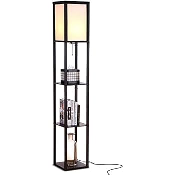Brightech Maxwell - LED Shelf Floor Lamp - Modern Standing Light for Living Rooms & Bedrooms - Asian Wooden Frame with Open Box Display Shelves - Black