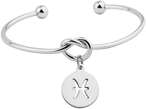 Zodiac Bracelet Silver Knot Bracelet Tie The Knot Cuff Bangle with Zodiac Signs Disc Charm