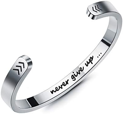 Cuff Bracelets Stainless Steel Bangle Bracelets for Women Men Engraved Mantra Never give up Adjustable Inspirational Jewelry Birthday Gifts (Silver)