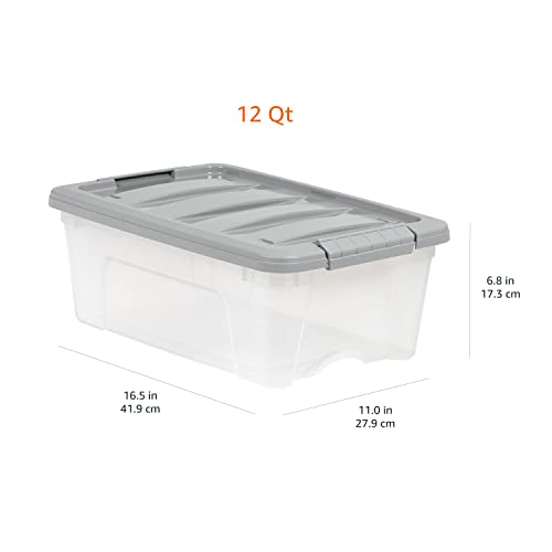 AMAZON BASICS PLASTIC STORAGE CONTAINERS WITH SECURE LATCHING LIDS, STACKABLE ORGANIZATION BINS FOR ORGANIZING, CLEAR/GREY, 12 QUART, SET OF 6