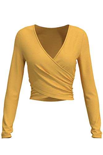 7028 Womens Deep V-Neck Long Sleeve Fitted Surplice Wrap Crop Top Mustard M - Thumbnail 3