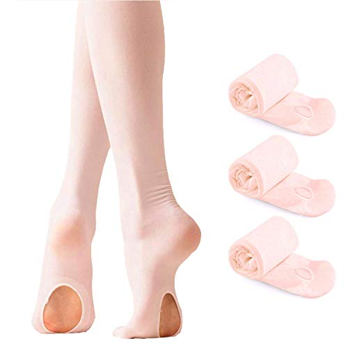 WEWINK PLUS Girls Ballet Tights Dance Ballet Ultra Soft Pro Ballet Footed Tights with Holes 3 Pairs (Pink, Child L Age 8-12 (125-140cm))