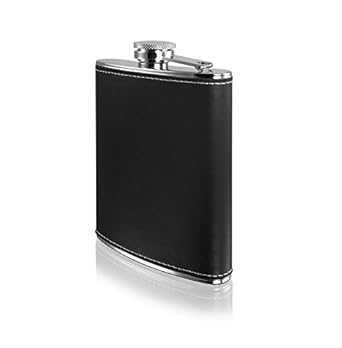 Menzy Stainless Steel and Stitched Leather Hip Flask 7 Oz (210 Ml), Wine Whiskey Vodka Alcoholic Beverage Holder for Men