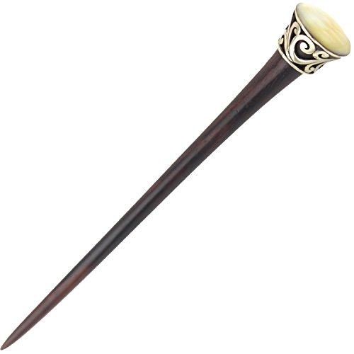 Evolatree Natural Wood Hair Pin - Hand Carved Wooden Hair Stick - Elegant Steel Filigree Wrap - Round MOP Shell - 7"