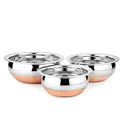 Stainless Steel Copper Bottom Handi/Stainless Steel Handi Set of 3 /Copper Bottom Cookware/Handi Set for Cooking & Serving by kingsdeal (Handi Set)