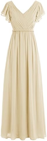 WenSai Women Pleated Long Bridesmaid Dresses Chiffon V Neck Cap Sleeves Champagne us2