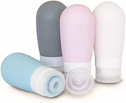 Silicone travel bottle set (4 Pack). Leak-proof, refillable cosmetic containers, 3oz, BPA free & TSA approved with toiletry bag.