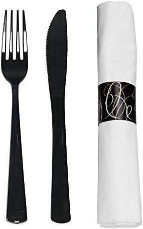 Party Essentials Silverware Set, Disposable Pre-Rolled | Black Forks/Knives | With Napkins | 50 Units, Pack of 6 Image Party Essentials Silverware Set, Disposable Pre-Rolled | Black Forks/Knives | With Napkins | 50 Units, Pack of 6 Image