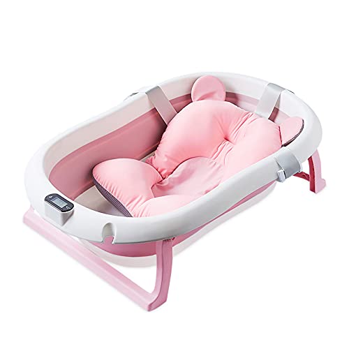 SONARIN Vasca da Bagno Pieghevole per Bambini con Indicatore di Temperatura,Vaschetta Bagnetto Antiscivolo Portatile con Cuscino e Tappo di Scarico per Neonati,Bambini Piccoli(Rosa)